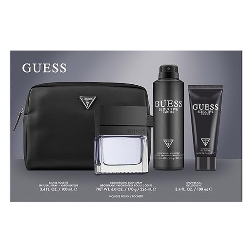 Guess Seductive Men/Homme Eau De Toilette 4 Piece Gift Set - Cologne Spray 3.4 Fl. Oz., Deodorizing Body Spray 6.0 Oz., Shower Gel 3.4 Fl. Oz., & Pouc